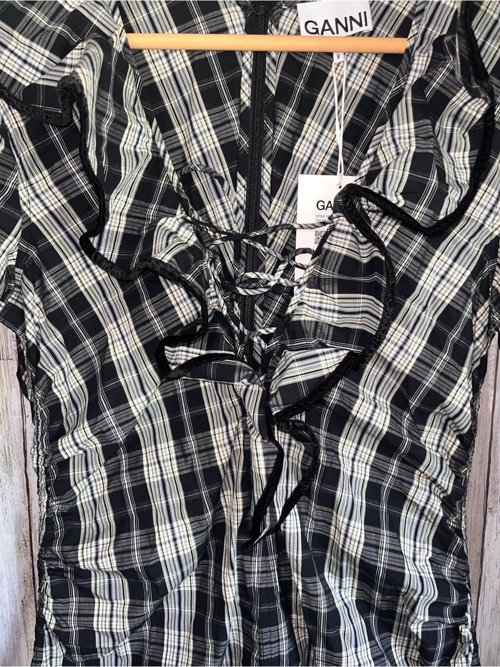 NWT GANNI Black Plaid Ruffle Lace Up Mini Dress Organic Cotton US4 DE36 - Picture 4 of 8